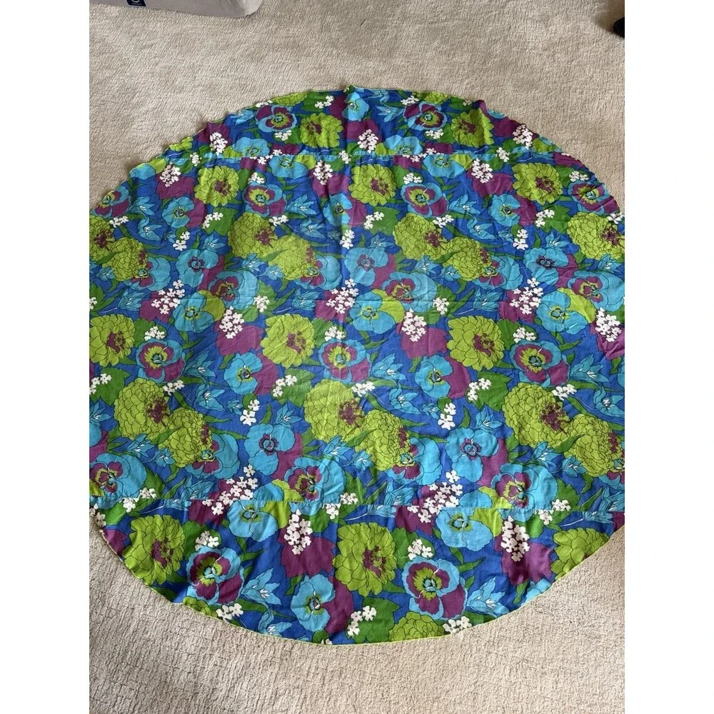 Vintage Tablecloth 1960’s-70’s Bold Floral Circular Purple Green Mod Retro